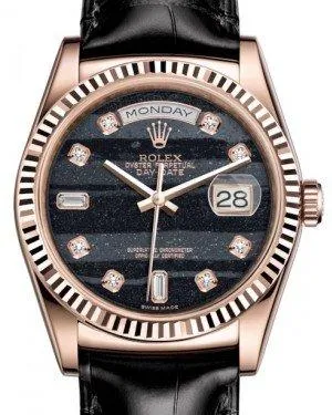 Rolex Day-Date 36 Rose Gold Ferrite Diamond Dial & Fluted Bezel Black Leather Strap 118135