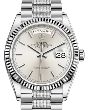 Rolex Day-Date 36 White Gold Silver Index Dial & Fluted Bezel Diamond Set President Bracelet 128239