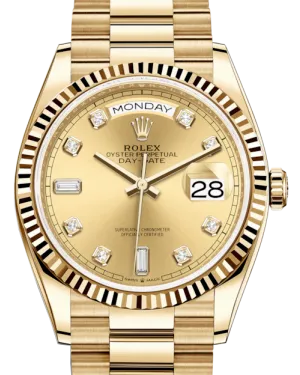 Rolex Day-Date 36 Yellow Gold Champagne Diamond Dial & Fluted Bezel President Bracelet 128238