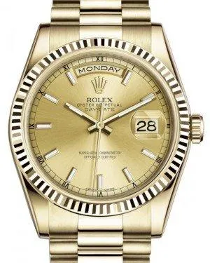 Rolex Day-Date 36 Yellow Gold Champagne Index Dial & Fluted Bezel President Bracelet 118238