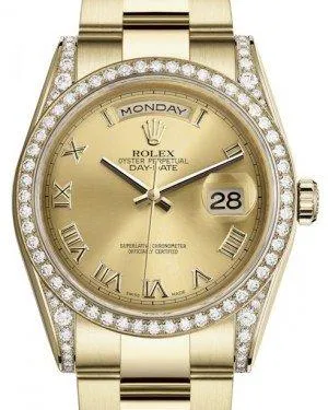 Rolex Day-Date 36 Yellow Gold Champagne Roman Dial & Diamond Set Case & Bezel Oyster Bracelet 118388