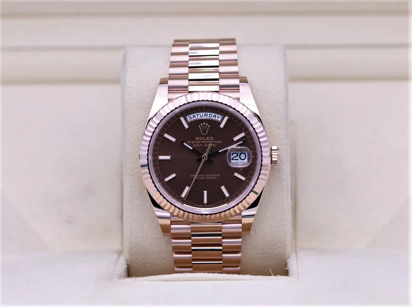 Rolex Day-Date 40mm Chocolate Baguette Dial Rose Gold 228235