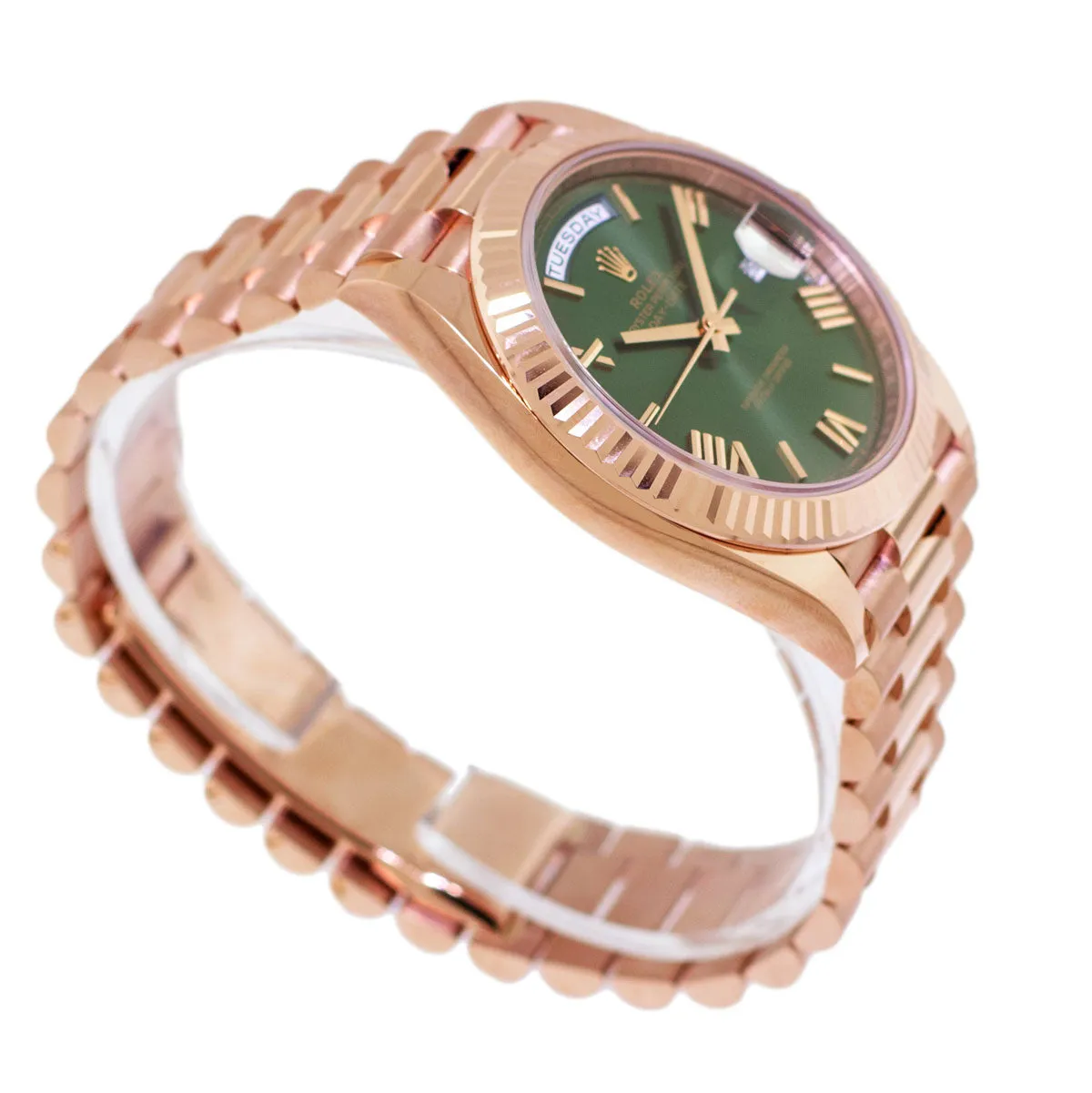 Rolex Day-Date 40mm Everose Gold Olive Green Roman Dial 228235