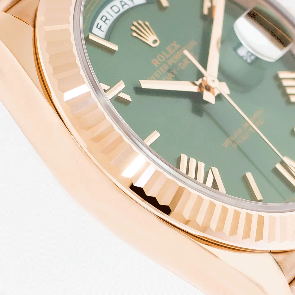 Rolex Day-Date 40mm Everose Gold Olive Green Roman Dial 228235