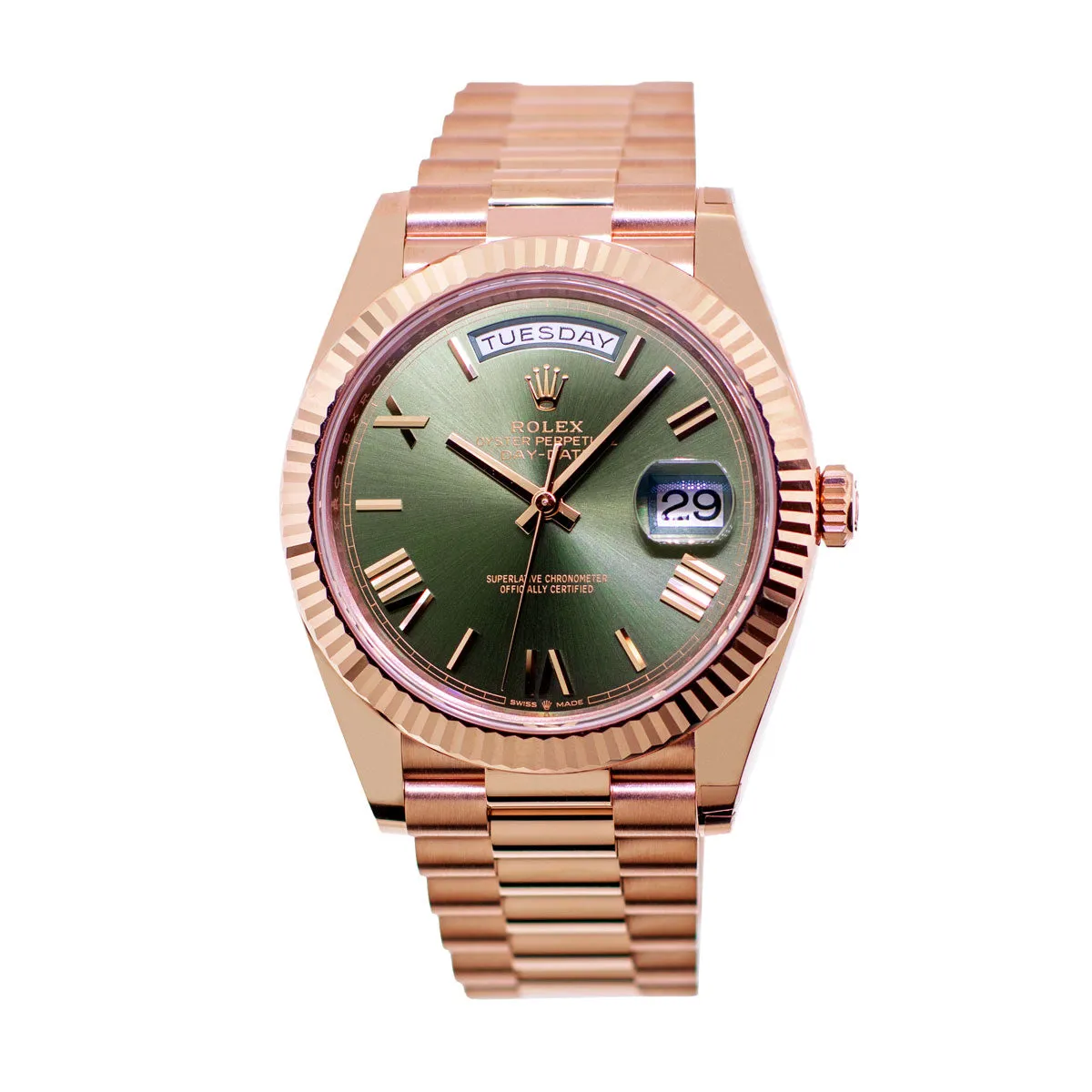 Rolex Day-Date 40mm Everose Gold Olive Green Roman Dial 228235
