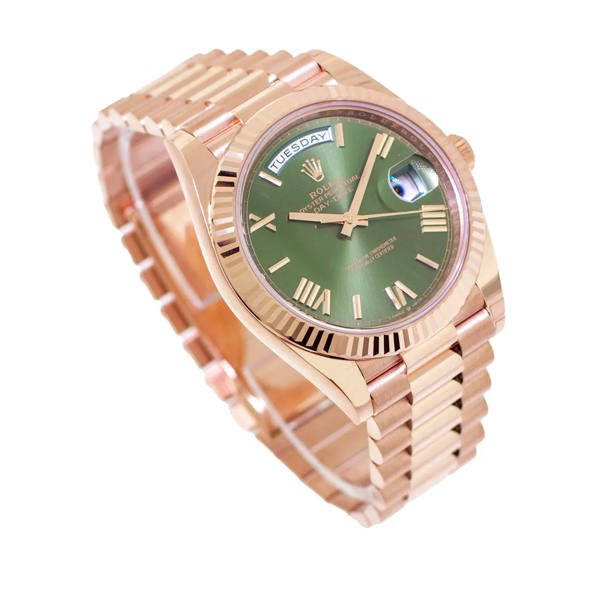 Rolex Day-Date 40mm Everose Gold Olive Green Roman Dial 228235