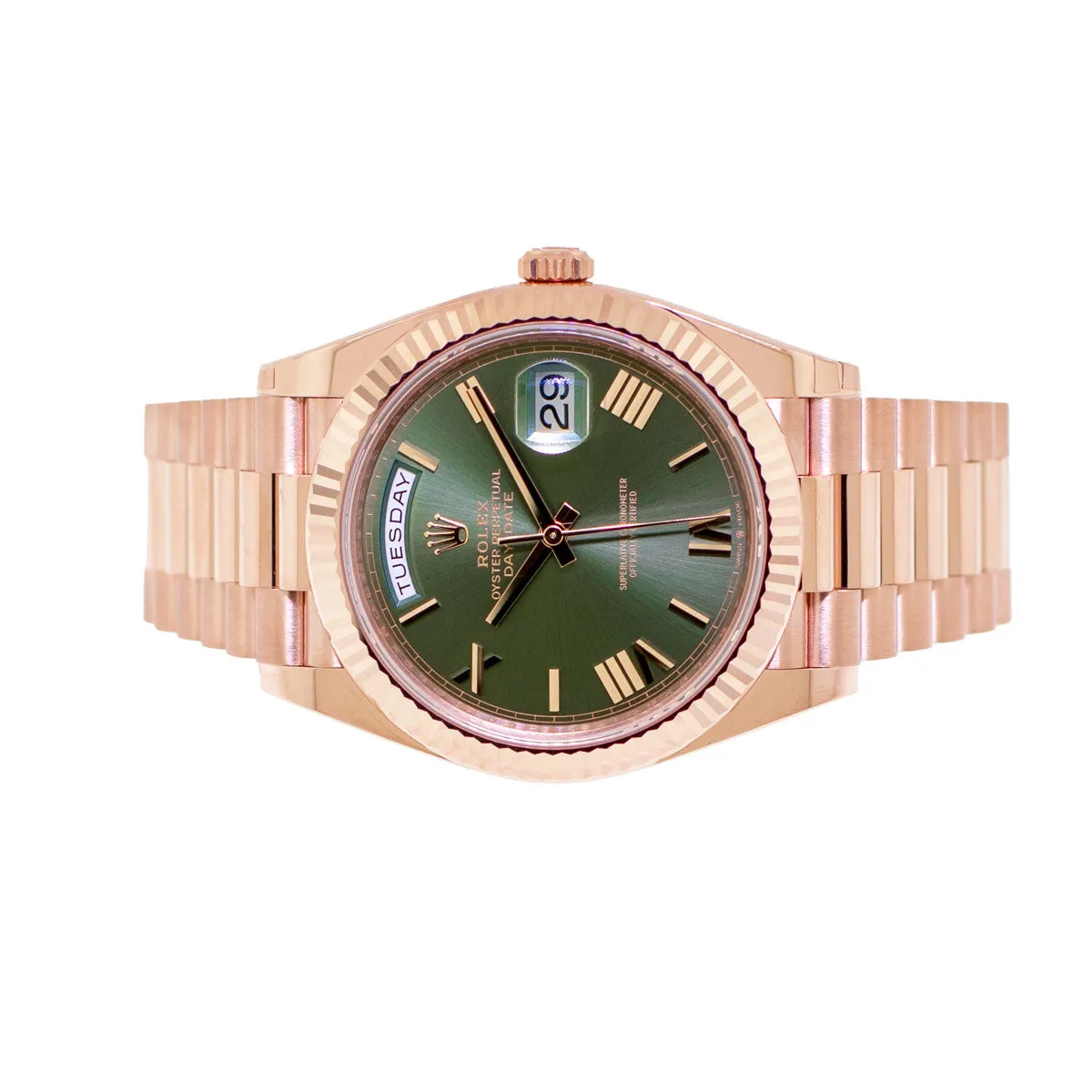Rolex Day-Date 40mm Everose Gold Olive Green Roman Dial 228235