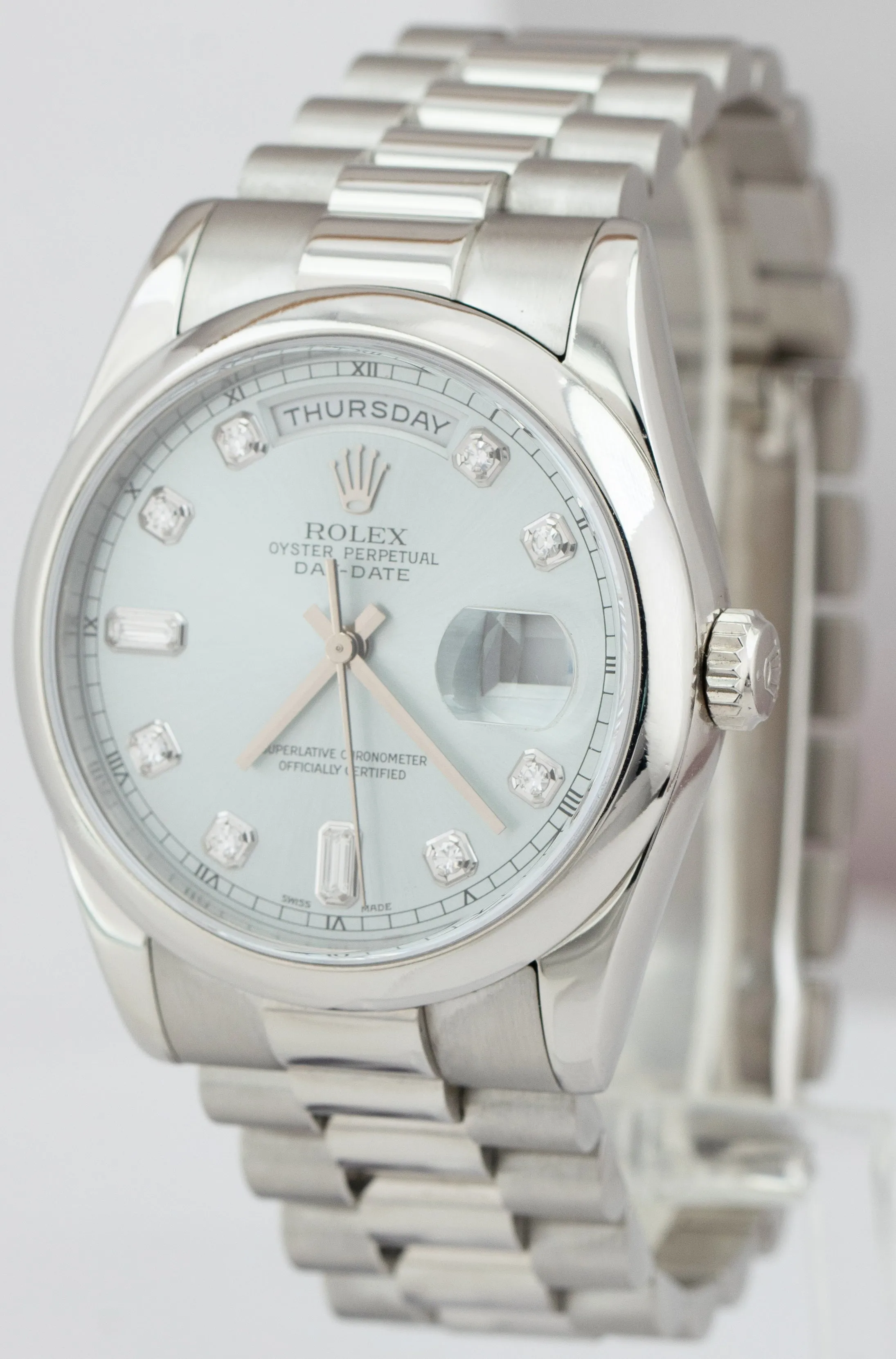 Rolex Day-Date Presidential 36mm Glacier Blue DIAMOND Platinum Watch 118206