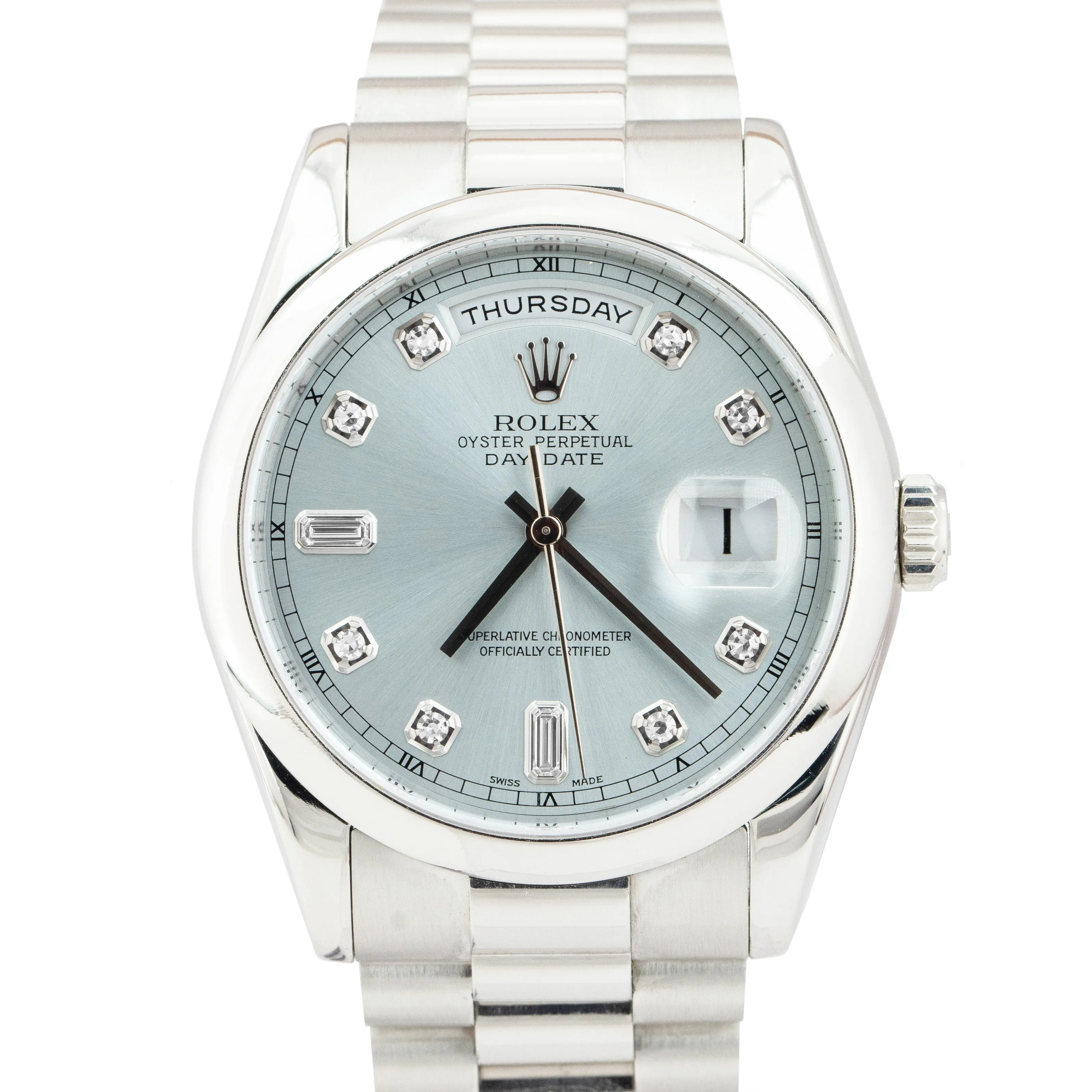 Rolex Day-Date Presidential 36mm Glacier Blue DIAMOND Platinum Watch 118206