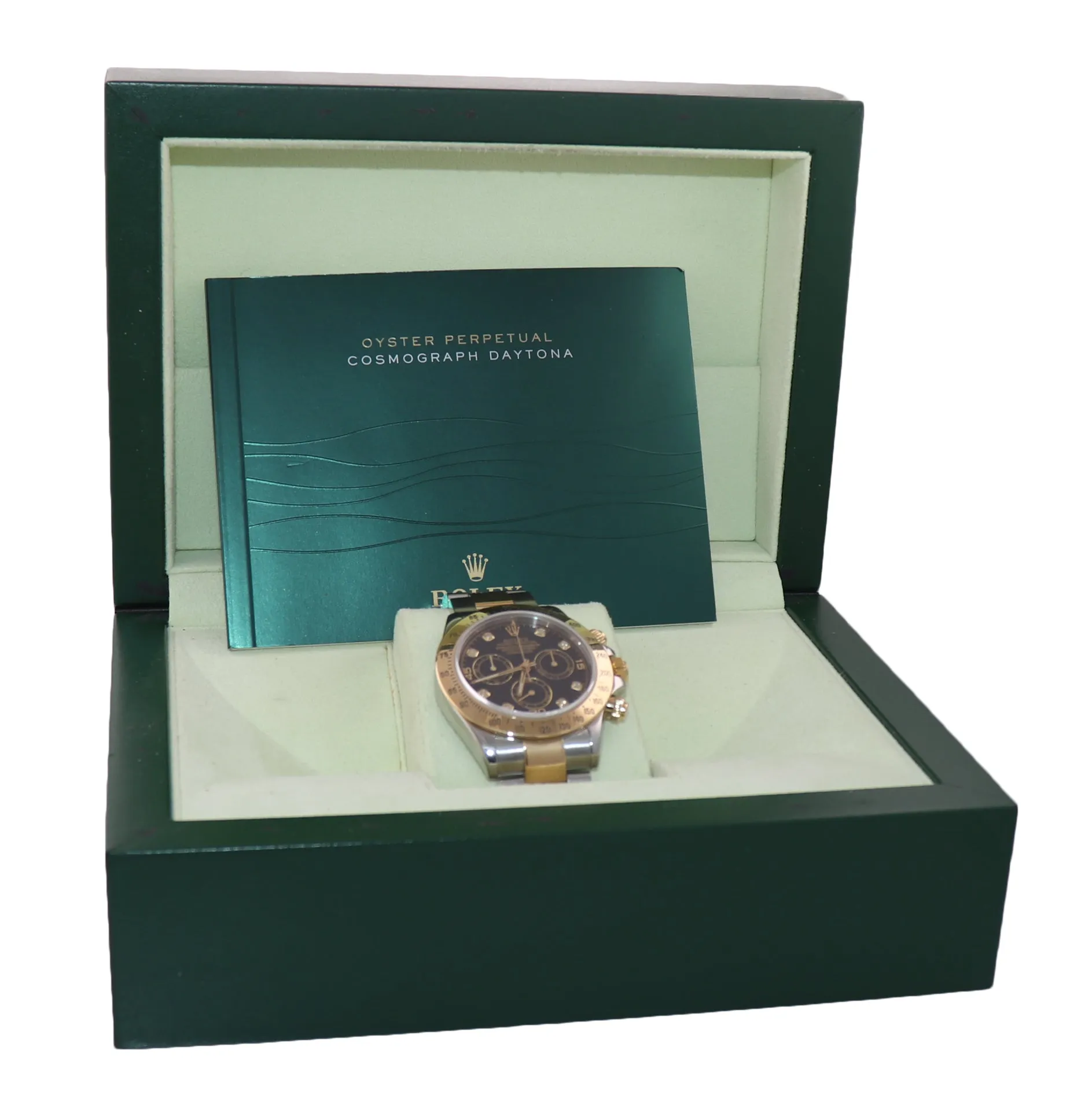 Rolex Daytona 116523 Black Diamond Dial Steel 18k Yellow Gold Two Tone Watch Box