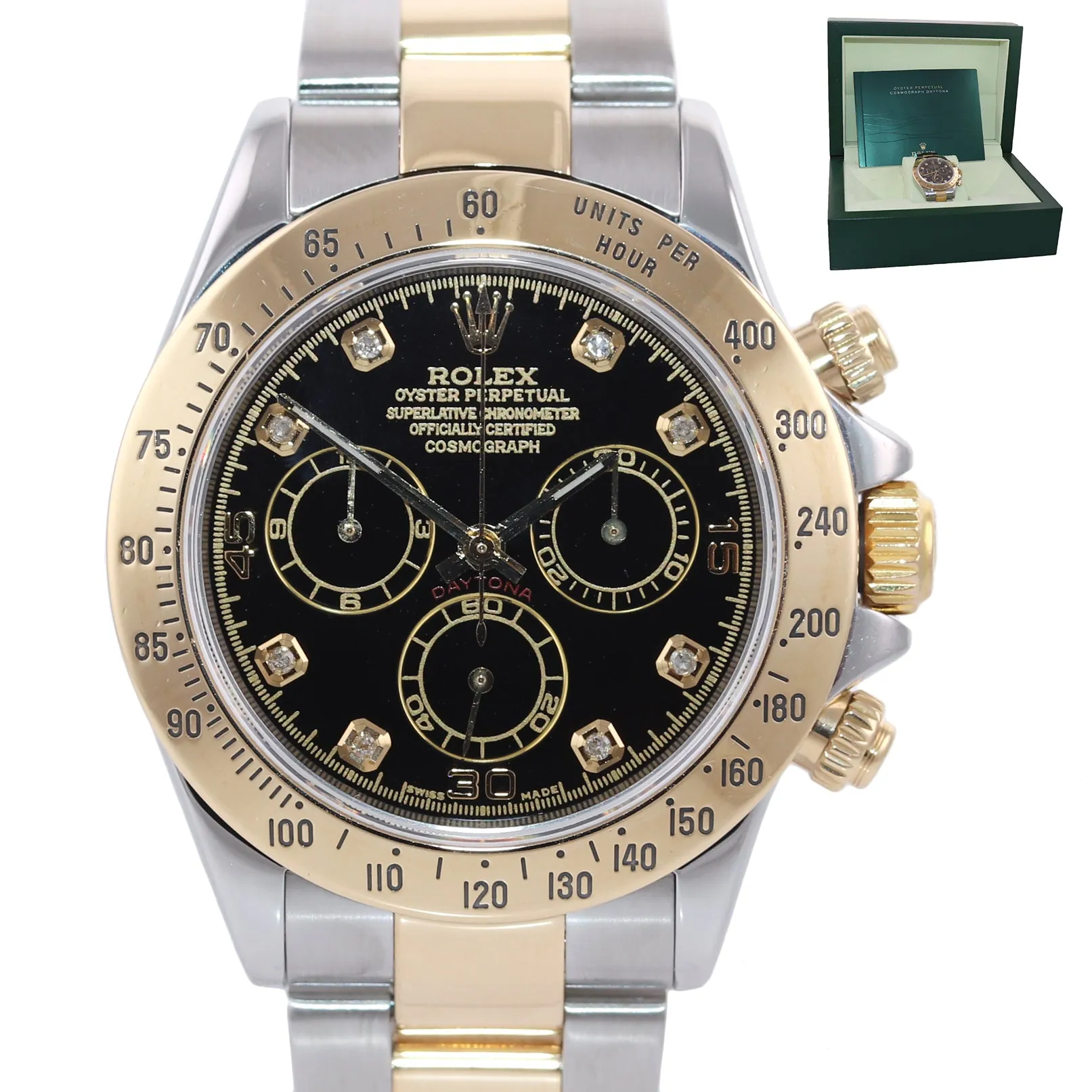 Rolex Daytona 116523 Black Diamond Dial Steel 18k Yellow Gold Two Tone Watch Box