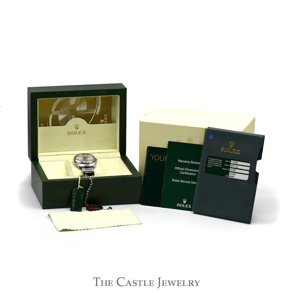 Rolex Oyster Perpetual Date 115200 with Silver Dial in Stainless Steel Oyster Bracelet with Original Box and Papers