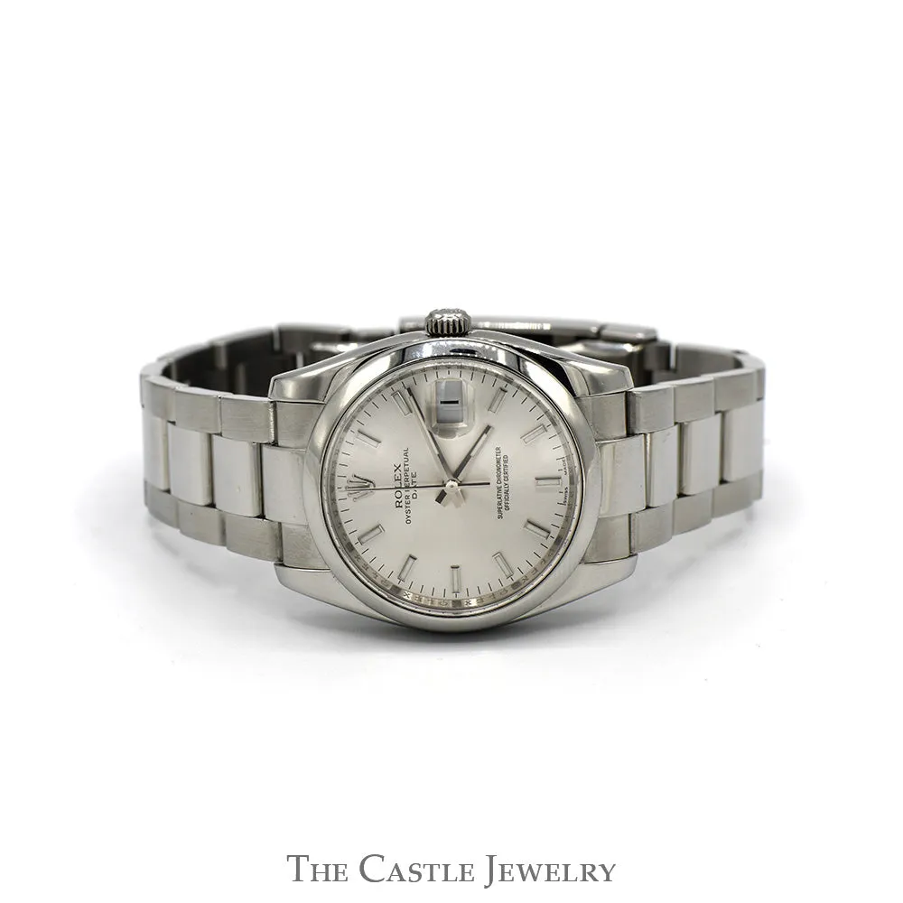 Rolex Oyster Perpetual Date 115200 with Silver Dial in Stainless Steel Oyster Bracelet with Original Box and Papers