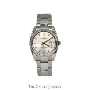 Rolex Oyster Perpetual Date 115200 with Silver Dial in Stainless Steel Oyster Bracelet with Original Box and Papers