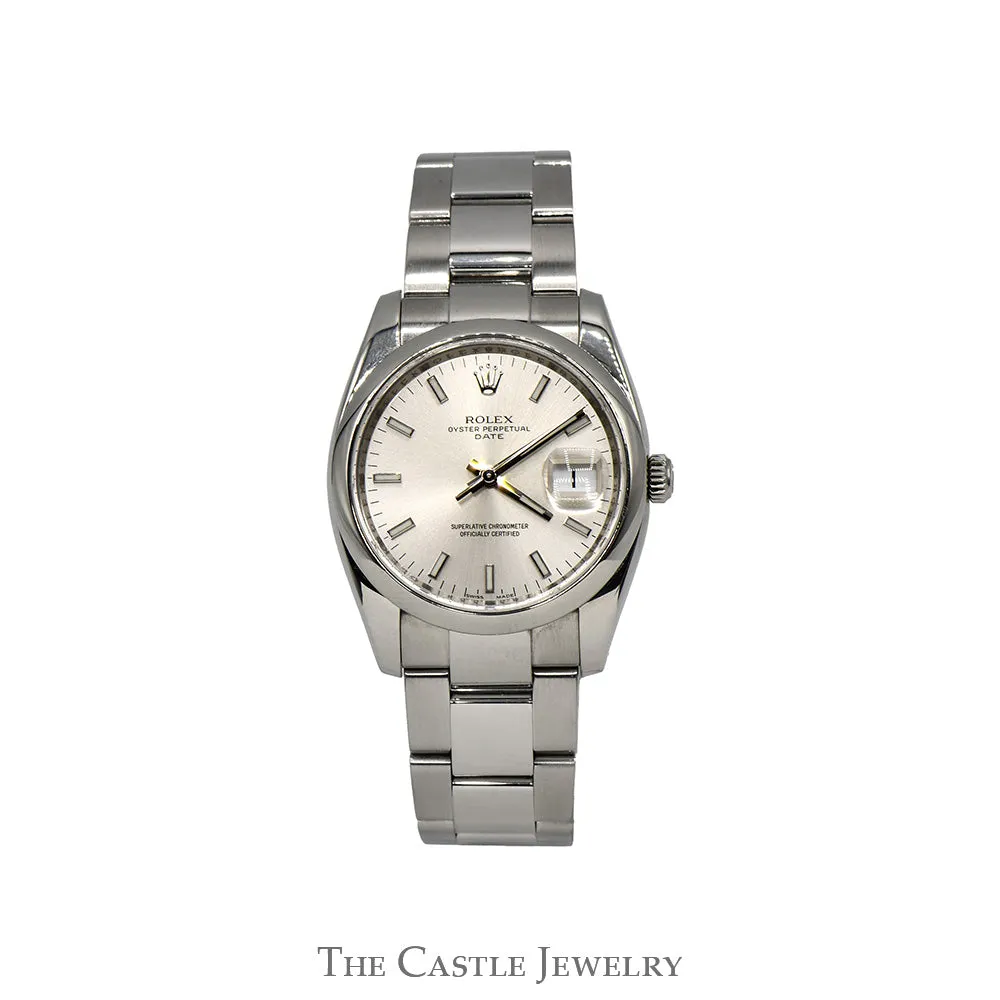 Rolex Oyster Perpetual Date 115200 with Silver Dial in Stainless Steel Oyster Bracelet with Original Box and Papers