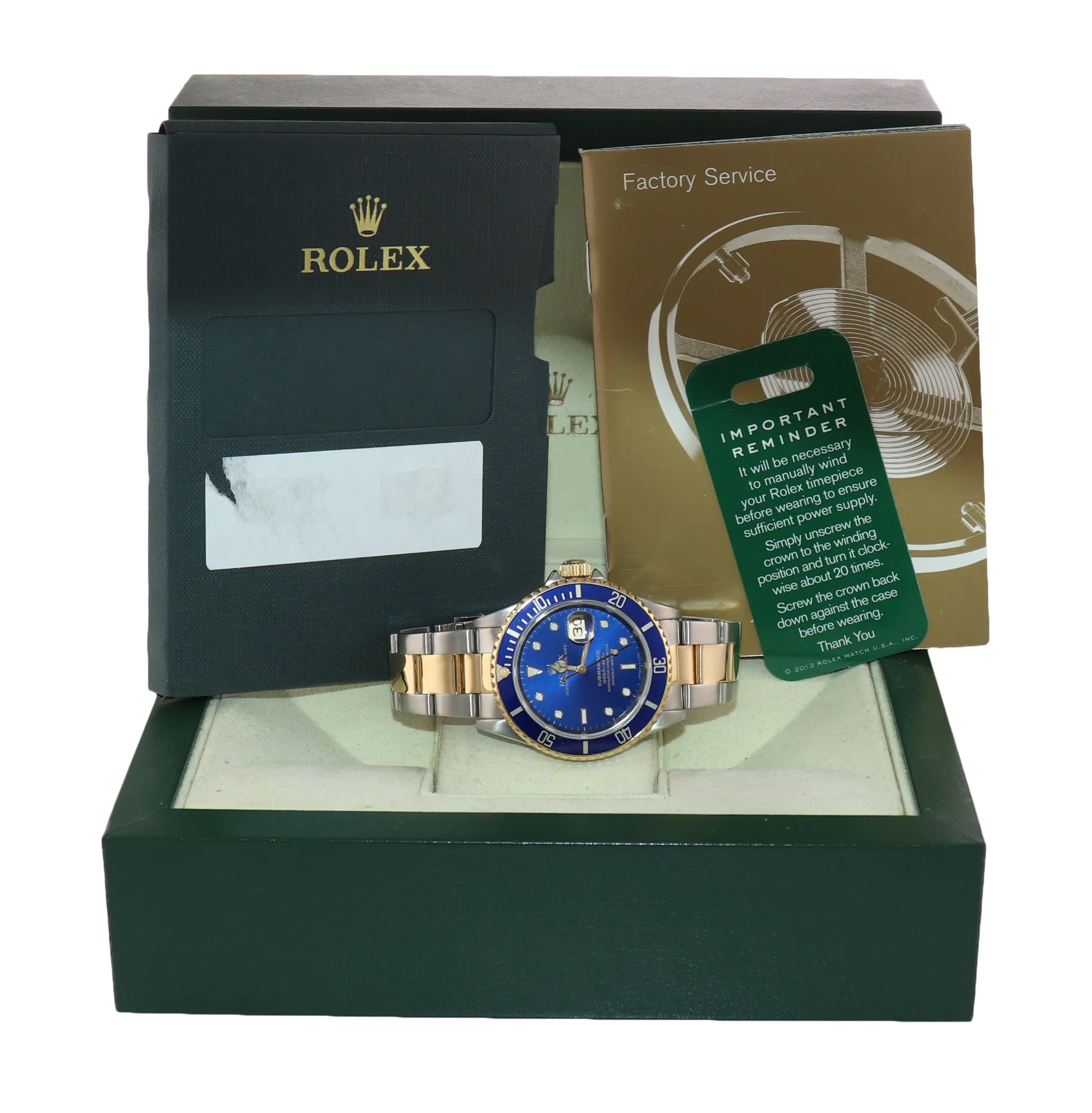 Rolex Submariner 16613 Two Tone Steel 18k Yellow Gold Blue Dial Dive Watch Box