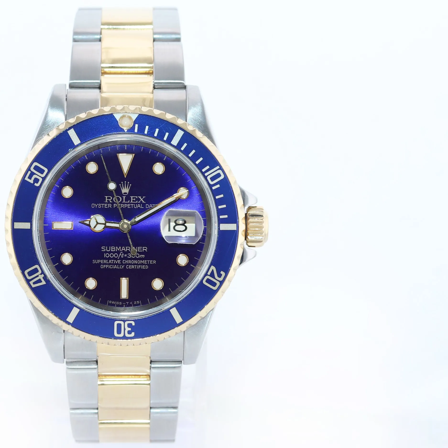 Rolex Submariner 16613 Two Tone Steel 18k Yellow Gold Blue Purple Sunburst Watch Box