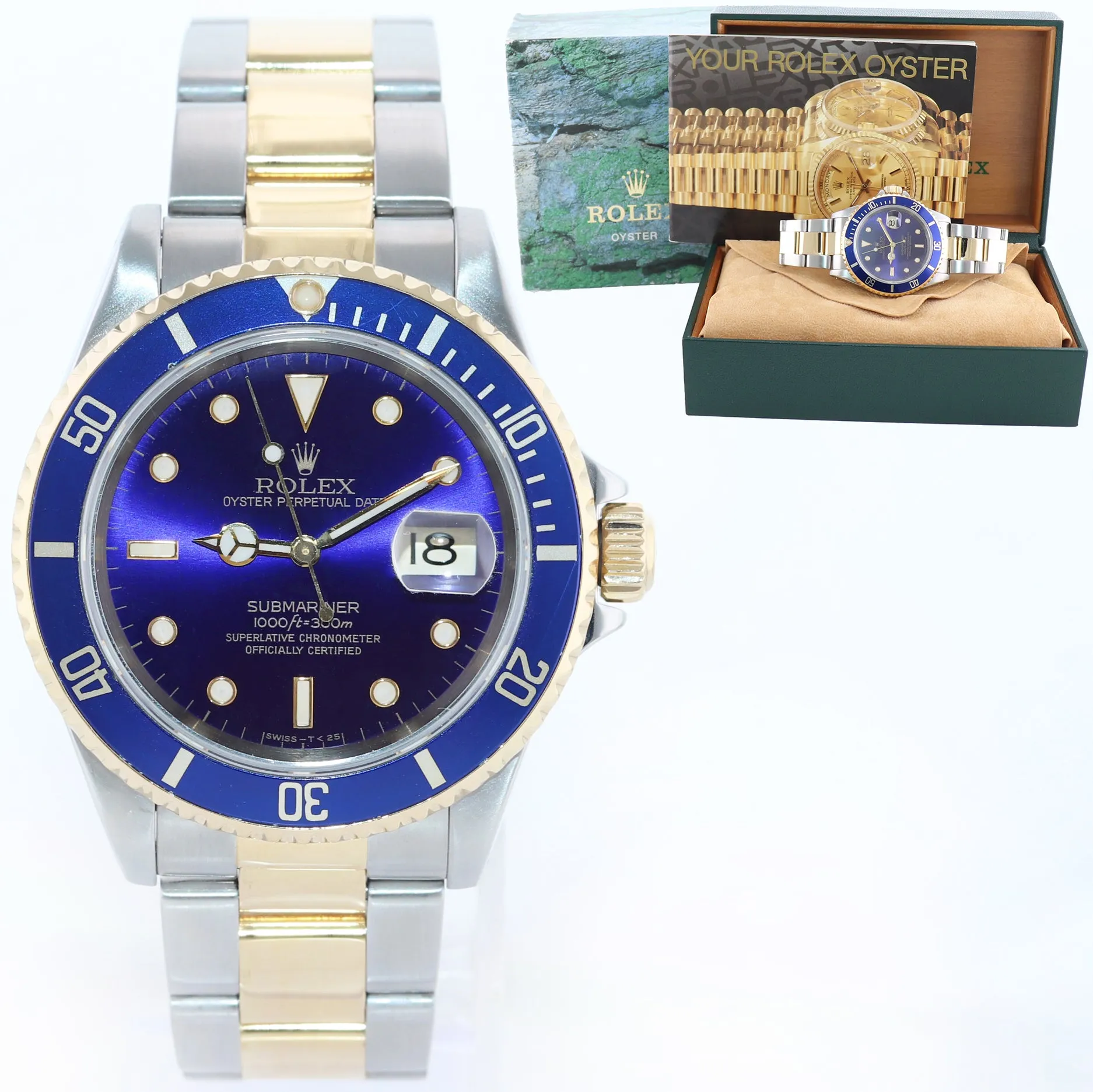 Rolex Submariner 16613 Two Tone Steel 18k Yellow Gold Blue Purple Sunburst Watch Box