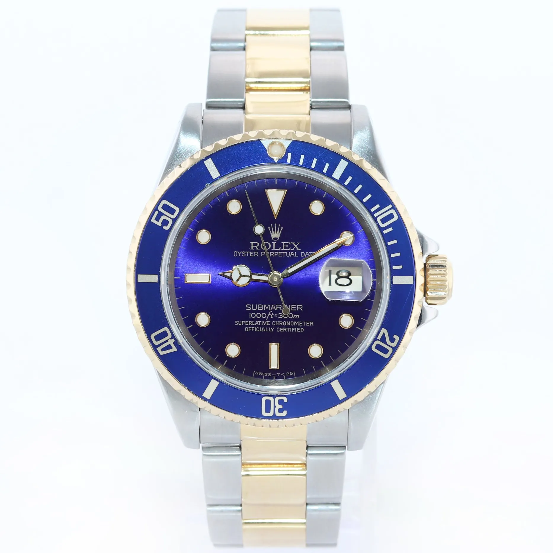 Rolex Submariner 16613 Two Tone Steel 18k Yellow Gold Blue Purple Sunburst Watch Box