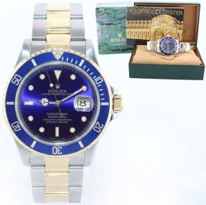 Rolex Submariner 16613 Two Tone Steel 18k Yellow Gold Blue Purple Sunburst Watch Box