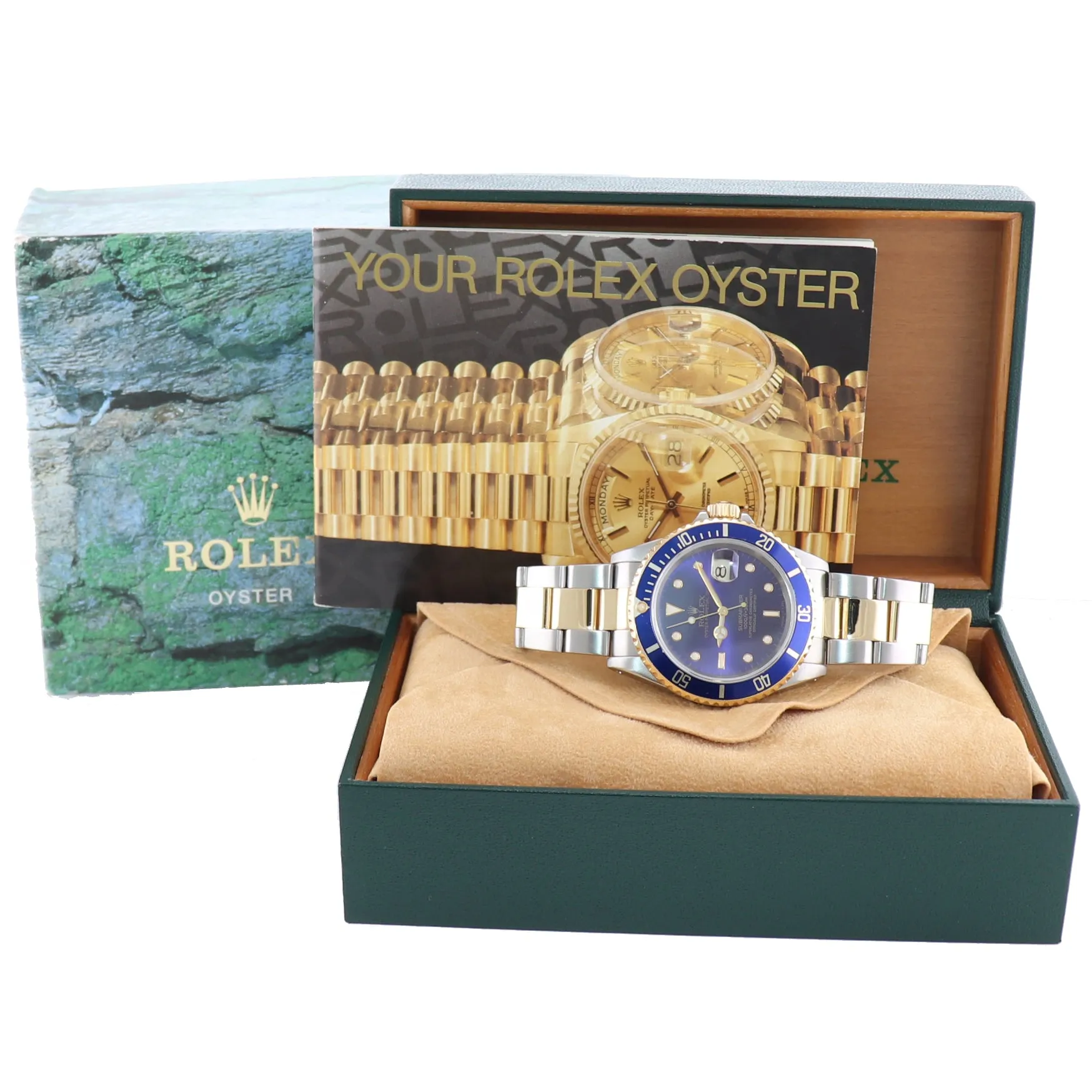 Rolex Submariner 16613 Two Tone Steel 18k Yellow Gold Blue Purple Sunburst Watch Box