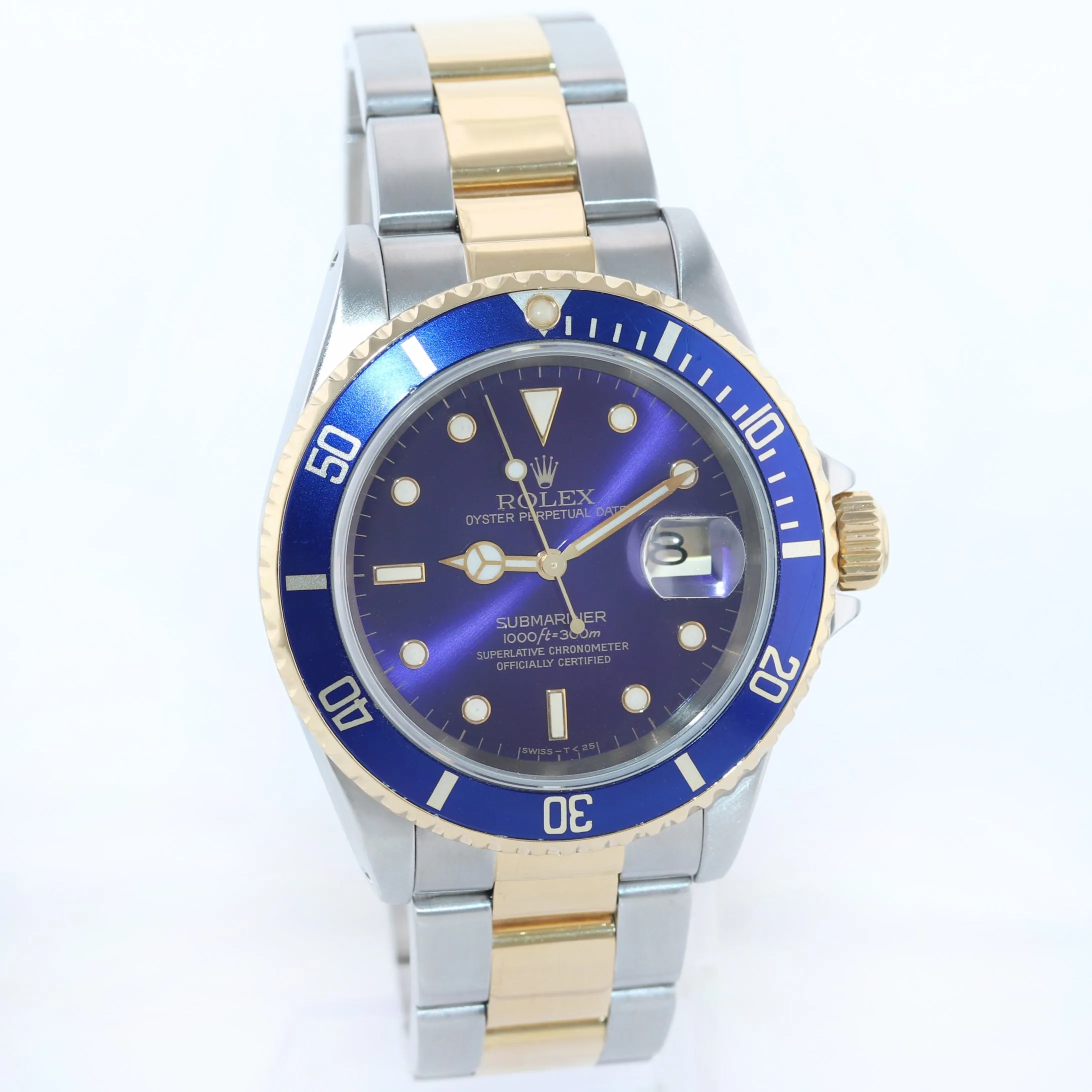 Rolex Submariner 16613 Two Tone Steel 18k Yellow Gold Blue Purple Sunburst Watch Box