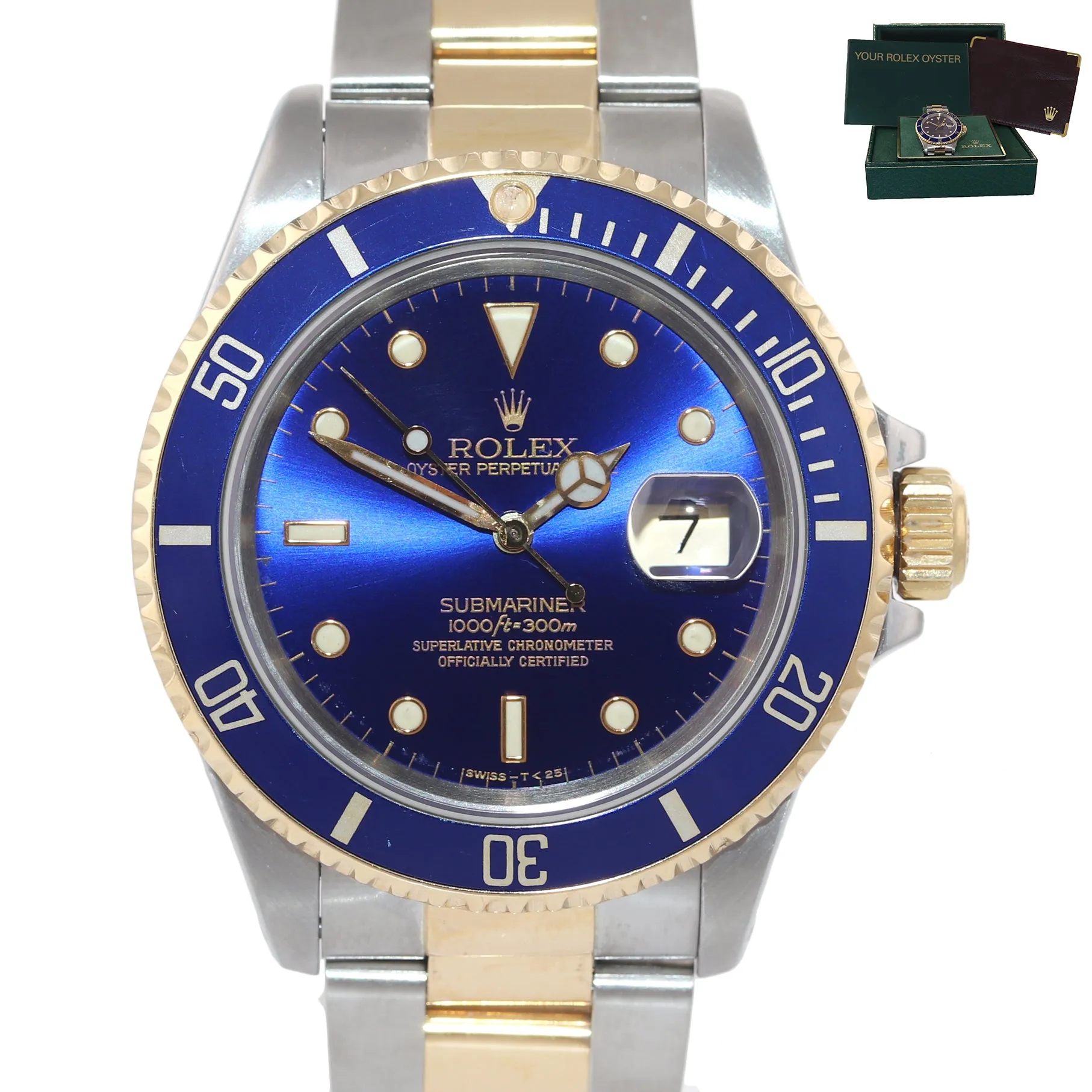 Rolex Submariner 16613 Two Tone Steel 18k Yellow Gold Purple Blue Dial Watch box