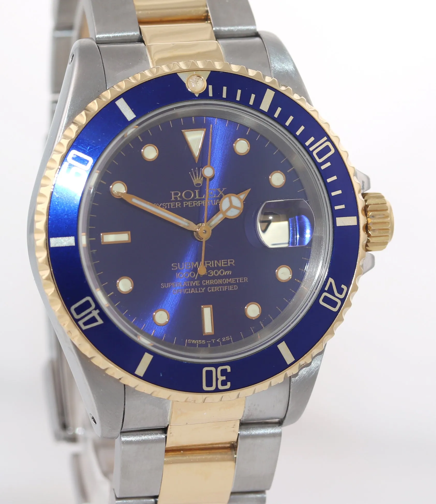 Rolex Submariner 16613 Two Tone Steel 18k Yellow Gold Purple Blue Dial Watch box