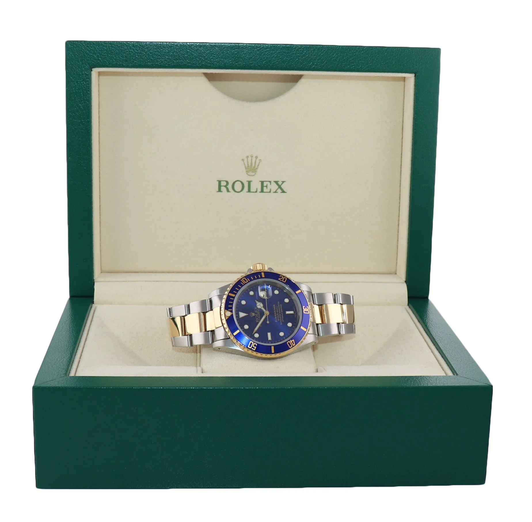 Rolex Submariner 16613 Two Tone Yellow Gold Blue Dial 40mm Watch Box