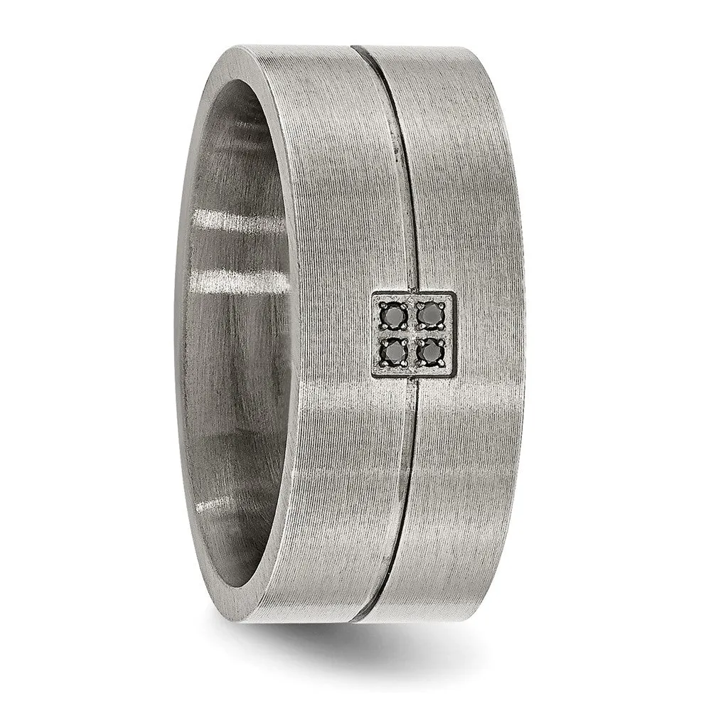 Stainless Steel Antiqued and Brushed .03ct Black Diamond 10mm Flat Band
