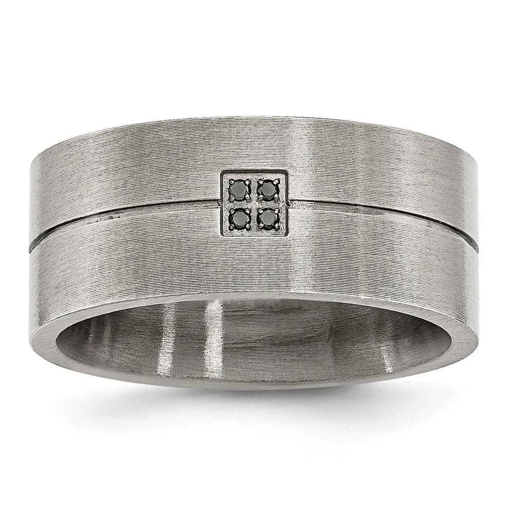 Stainless Steel Antiqued and Brushed .03ct Black Diamond 10mm Flat Band