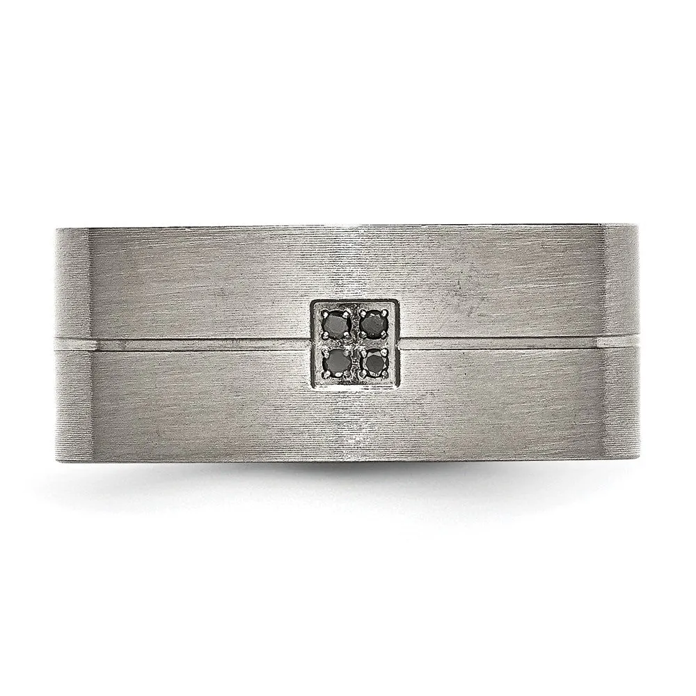 Stainless Steel Antiqued and Brushed .03ct Black Diamond 10mm Flat Band
