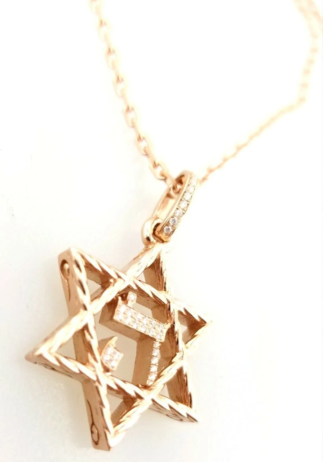 Star of David Hebrew Israeli Necklace Real Diamonds 18" Inch 14k Rose Gold