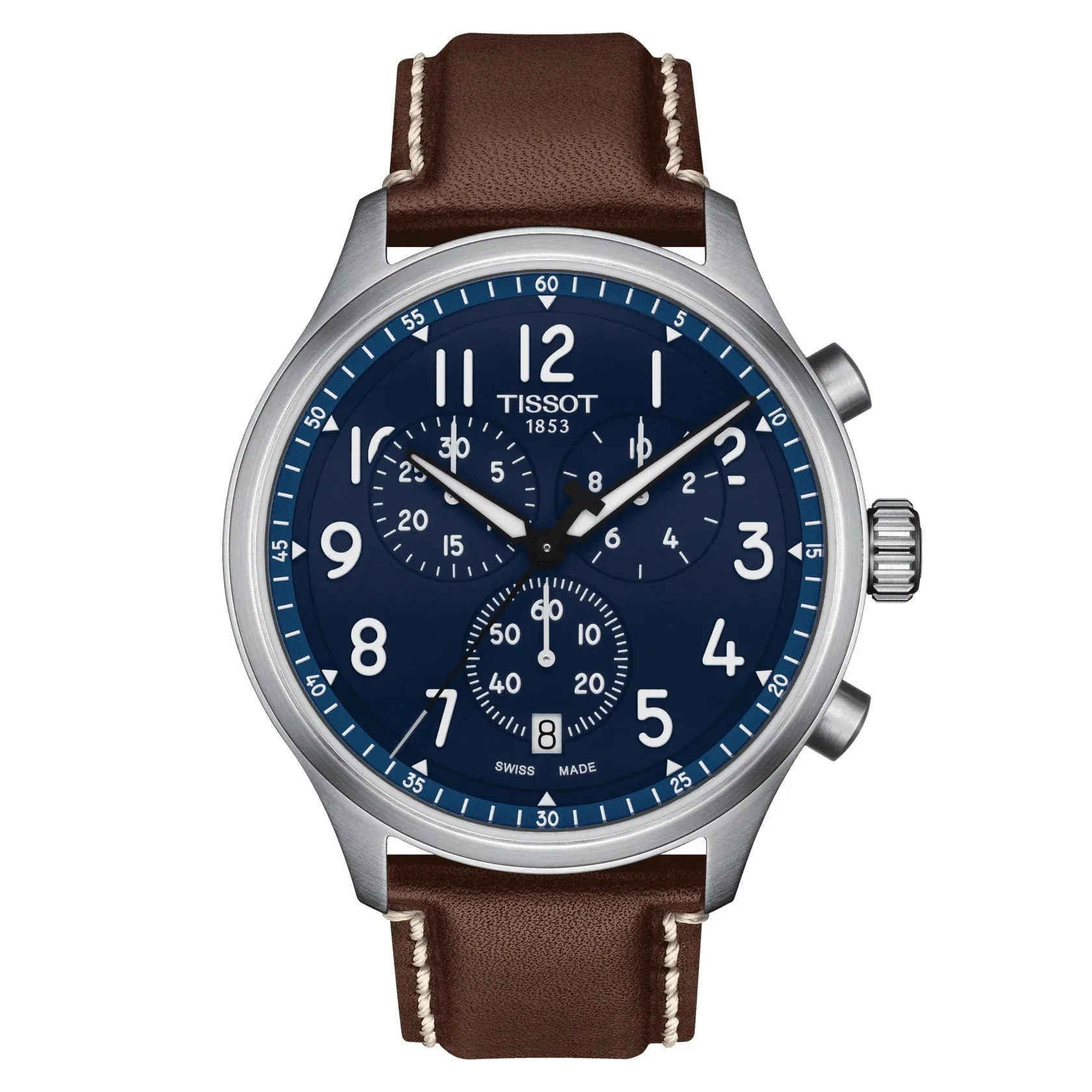 Tissot Chrono XL Vintage Mens Stainless Steel Blue Dial Brown Leather Strap Watch