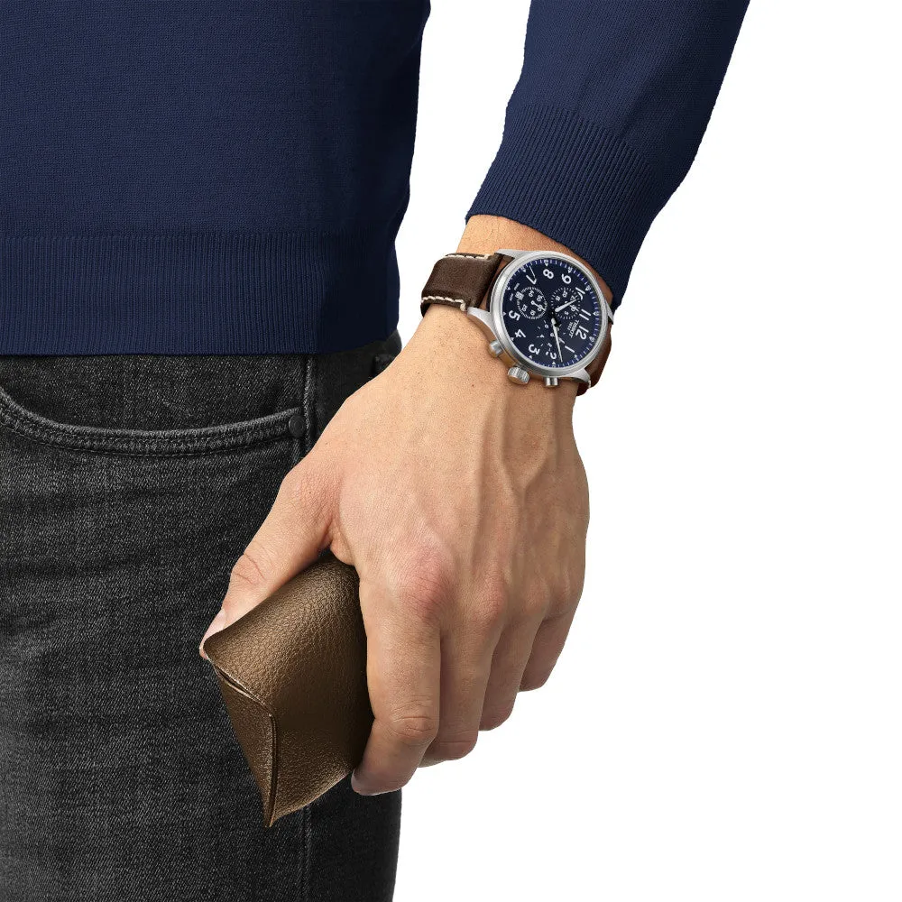 Tissot Chrono XL Vintage Mens Stainless Steel Blue Dial Brown Leather Strap Watch