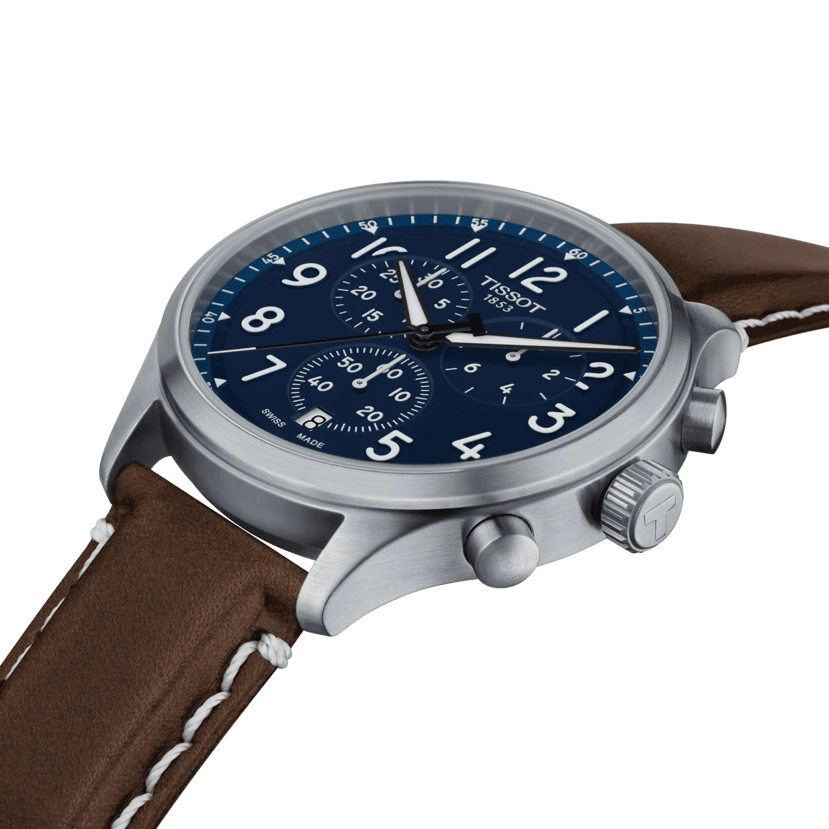 Tissot Chrono XL Vintage Mens Stainless Steel Blue Dial Brown Leather Strap Watch