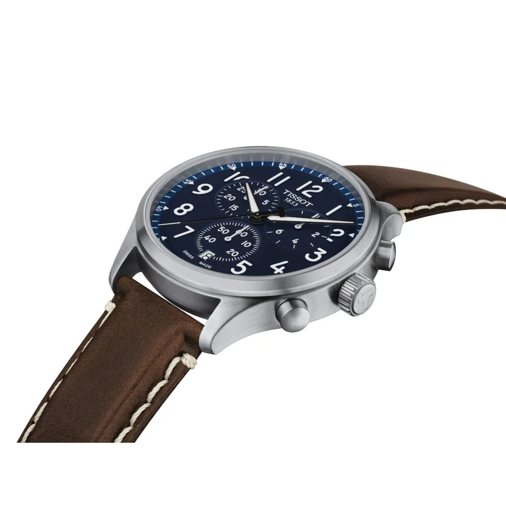 Tissot Chrono XL Vintage Mens Stainless Steel Blue Dial Brown Leather Strap Watch