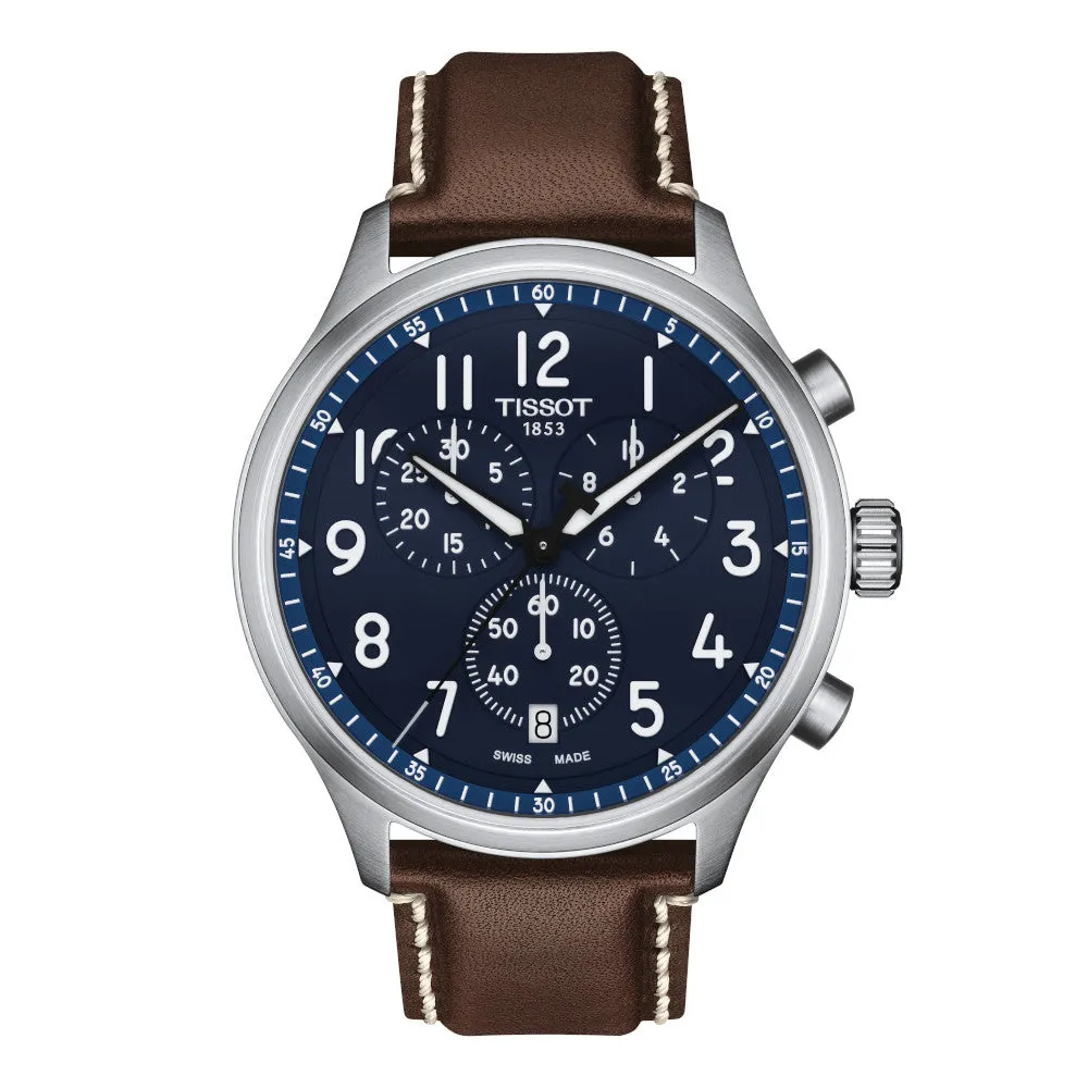 Tissot Chrono XL Vintage Mens Stainless Steel Blue Dial Brown Leather Strap Watch