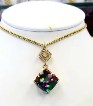 Topaz and Diamond Solitaire Pendant 14k Yellow Gold GAL Cushion Natural Mystic