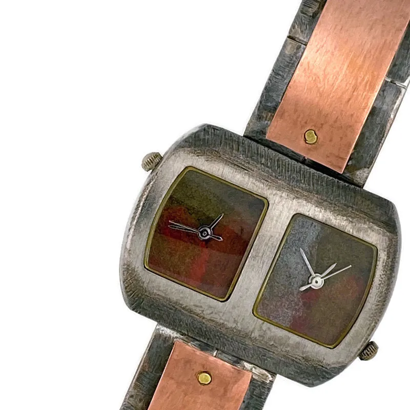 Two Time Zones Copper Watch, Multi Color Dials