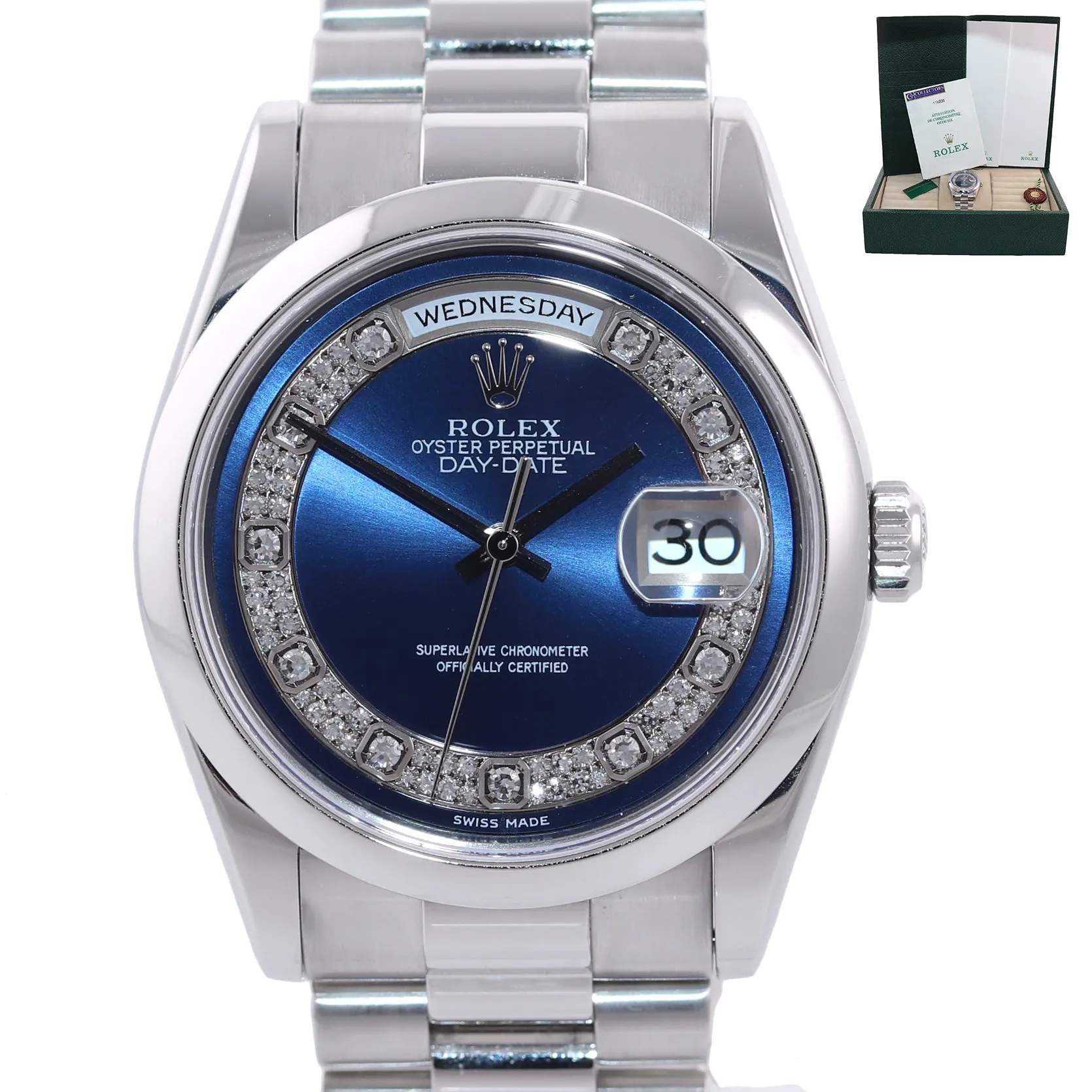 UNPOLISHED PAPERS Rolex Platinum President 118206 Blue Diamond Day Date Watch