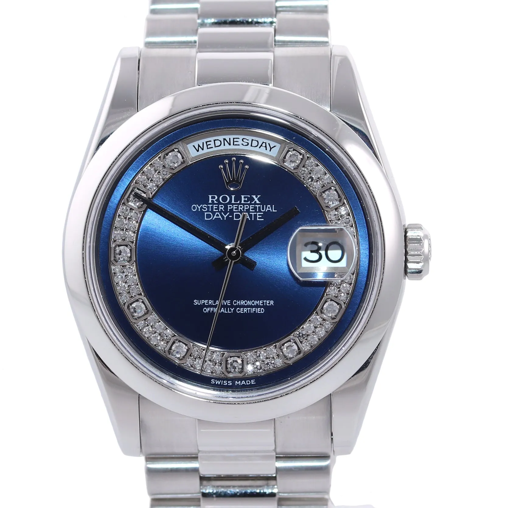 UNPOLISHED PAPERS Rolex Platinum President 118206 Blue Diamond Day Date Watch
