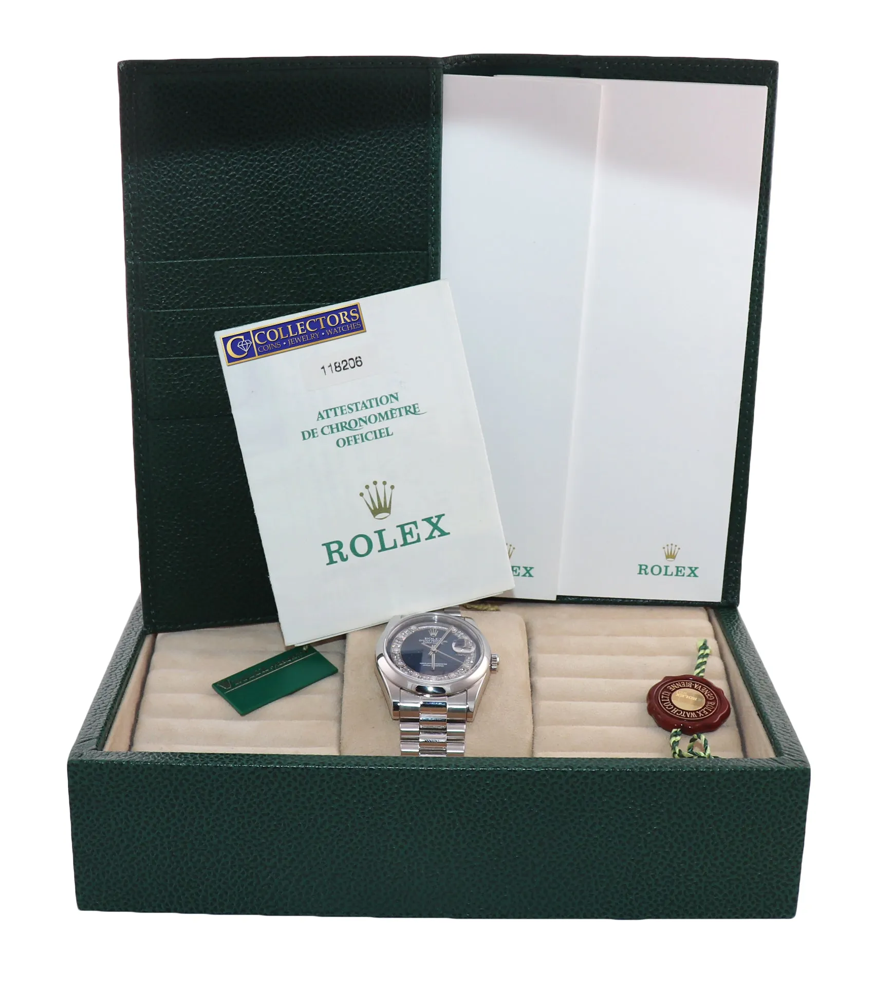 UNPOLISHED PAPERS Rolex Platinum President 118206 Blue Diamond Day Date Watch
