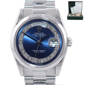 UNPOLISHED PAPERS Rolex Platinum President 118206 Blue Diamond Day Date Watch