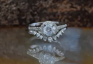 White gold Cluster wedding ring set-Wedding sets women rings-Diamond engagement ring vintage-Halo diamond Promise ring