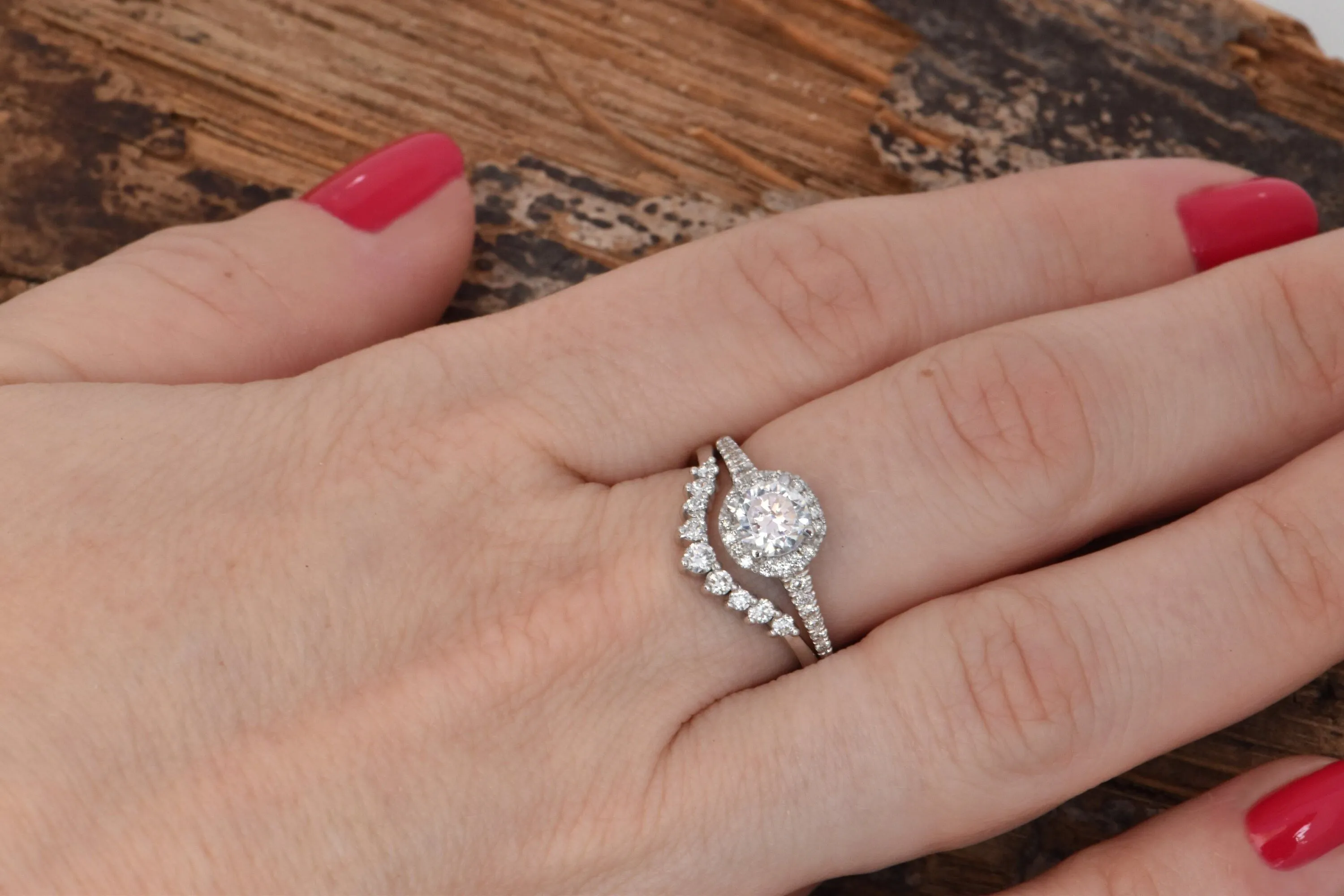 White gold Cluster wedding ring set-Wedding sets women rings-Diamond engagement ring vintage-Halo diamond Promise ring