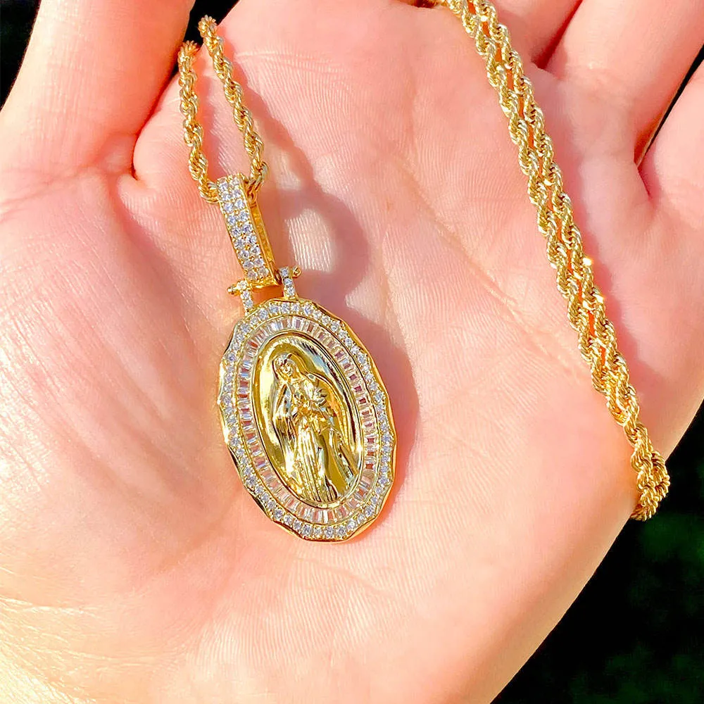 Wholesale Custom Virgin Mary Pendant Hiphop Gold Men Cz Iced Out Diamond Hip Hop Jewelry Virgin Mary Necklace